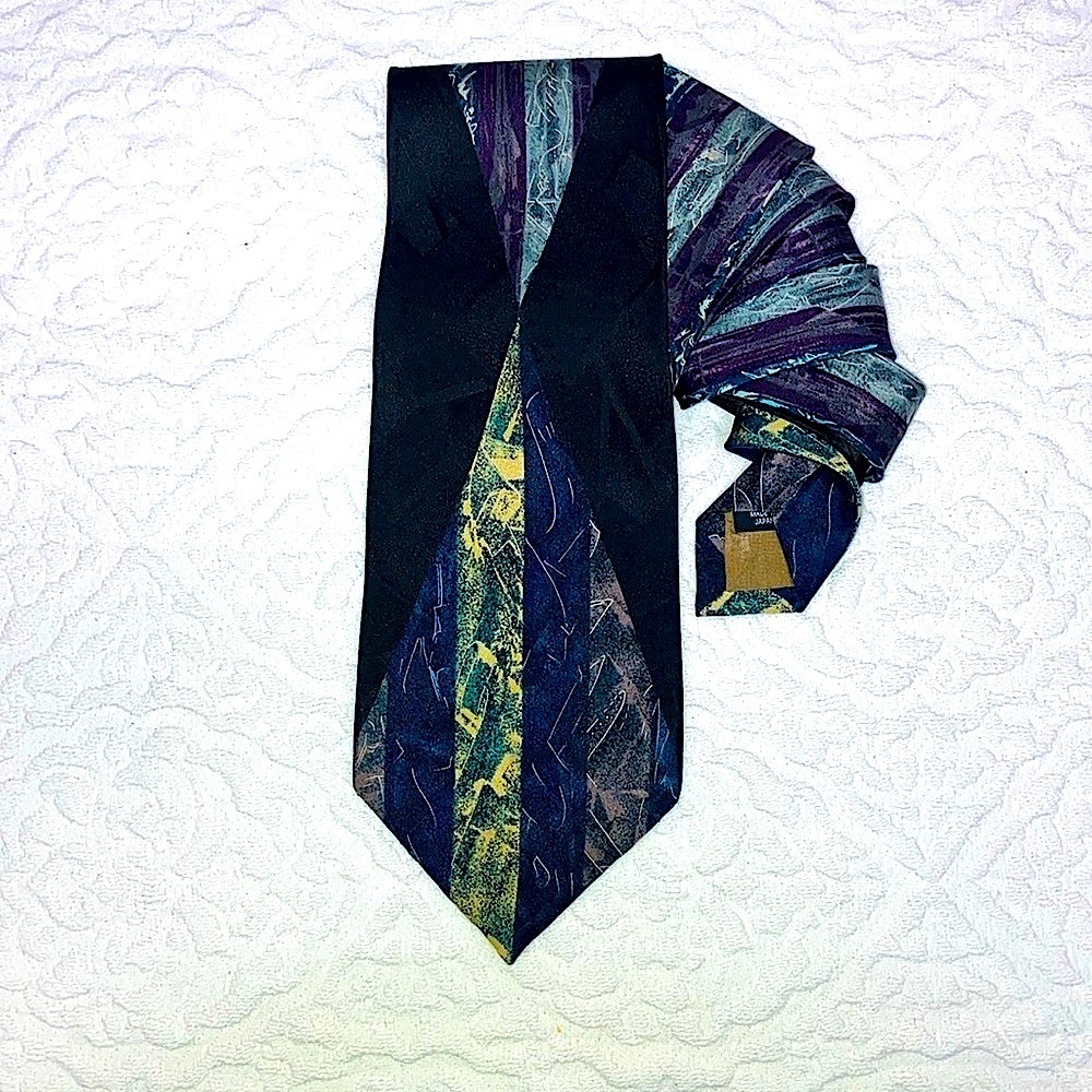Vintage silk tie, art deco geometric, black, purple, yellow, blue